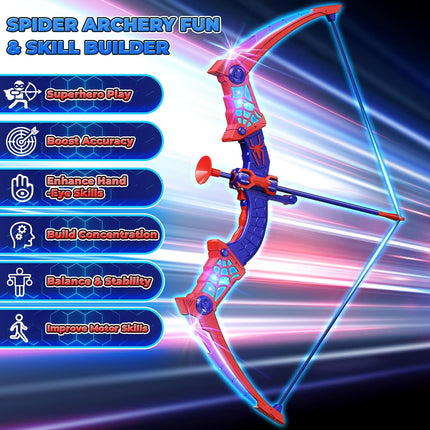 Spider Bow and Arrow Toy Set with LED Lights Target and 8 Suction Arrows