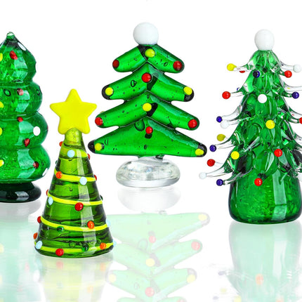 4-Piece Blown Glass Christmas Tree Figurine Set – Collectible Art Glass Statues for the Holidays