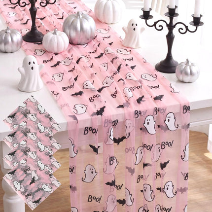 4-Pack Pink Halloween Table Runners 29x70in, Ghost & Bat Sheer Mesh Party Decor