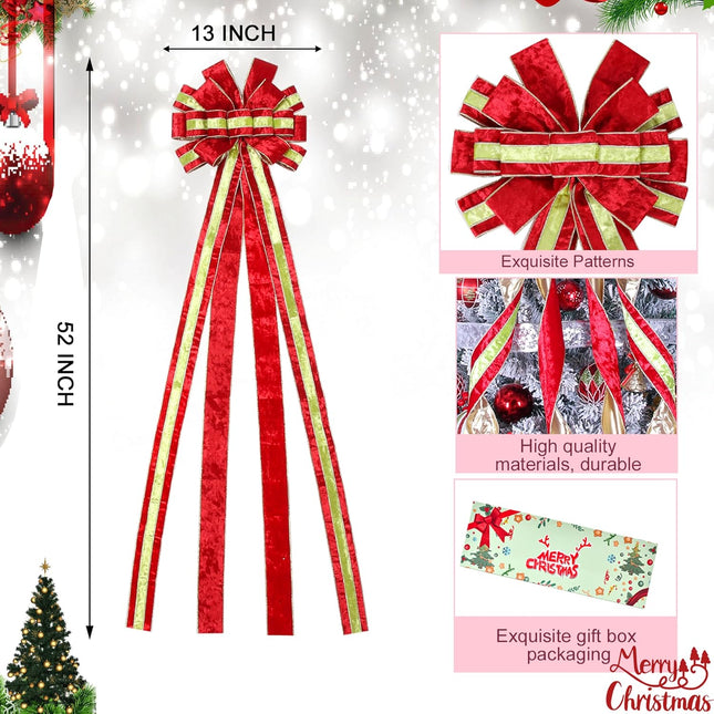 Christmas Tree Topper Wreath Bow Red Green Velvet 52"x13" Xmas Decor