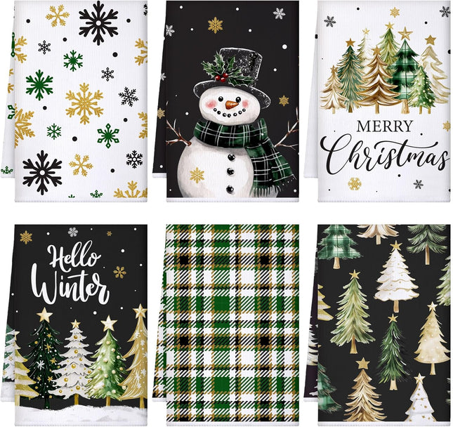 6PCS Christmas Kitchen Towels – Snowman, Snowflakes, and Christmas Tree Dish Towels
