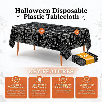 4-Pack 54x108in Black Spider Web Halloween Tablecloths, Disposable Table Covers