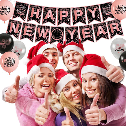 Happy New Year 2026 Decorations – Rose Gold Banner, Balloons & Curtain