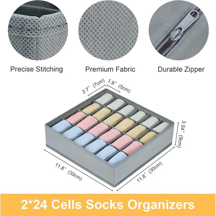 2-Pack Sock & Underwear Drawer Organizers – 24-Cell Grey Closet Dividers