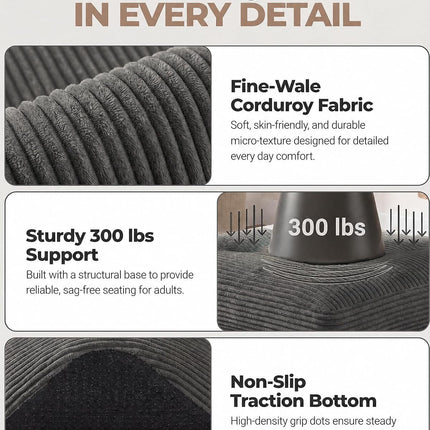 23.6 Inch Dark Grey Corduroy Pouf Ottoman Footrest with Dual-Layer Foam Support
