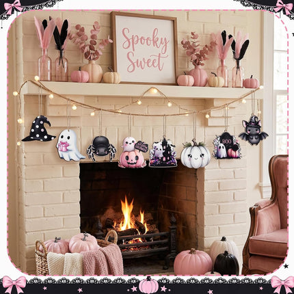 8-Piece Pink Halloween Wooden Ornaments, Ghost Pumpkin Bat Spider Witch Hat Decor