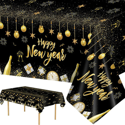 2 Pcs Happy New Year 2026 Tablecloth Black Gold Disposable Party Decor
