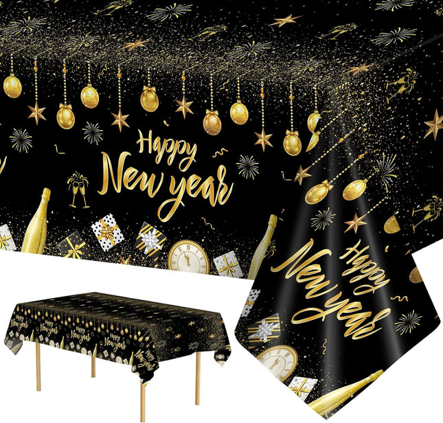 2 Pcs Happy New Year 2026 Tablecloth Black Gold Disposable Party Decor