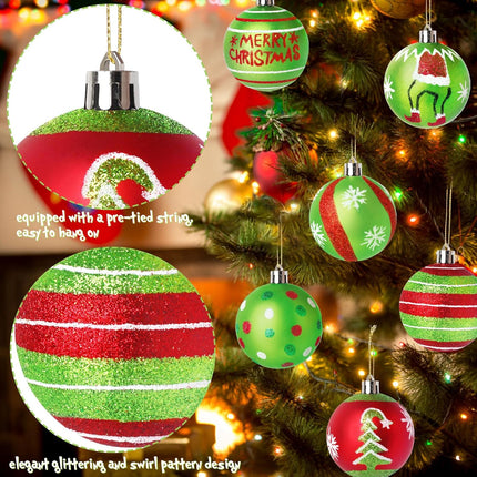 12PCS Glitter Christmas Balls, Red & Green Hanging Ornaments for Tree Decor