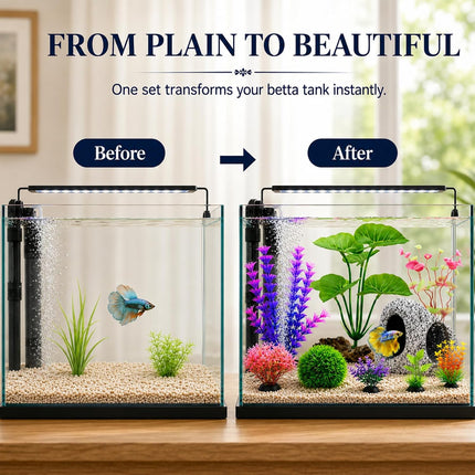 9PCS Aquarium Decorations, Betta Fish Tank Plants, Rock Cave Hideout & Fish Decor Set