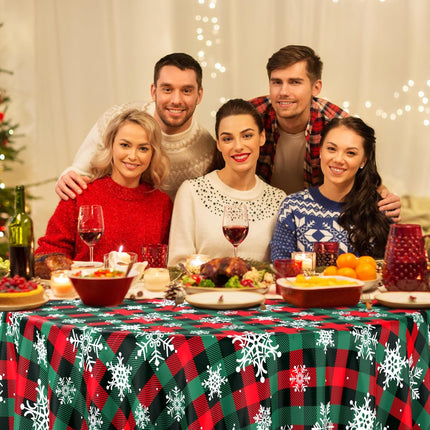 3pcs Buffalo Plaid Christmas Tablecloths – Red/Green Snowflake Round Covers 84"
