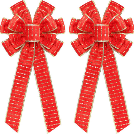 2PCS Red Gold Velvet Christmas Bows 11"x19.6" for Tree, Wreath, Door Decor