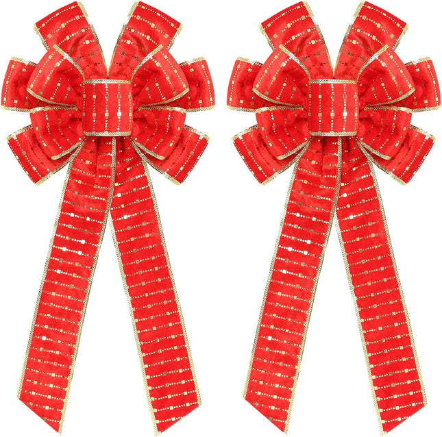2PCS Red Gold Velvet Christmas Bows 11"x19.6" for Tree, Wreath, Door Decor