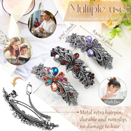 6PCS Vintage Metal Hair Barrettes for Women, Rose Flower Rhinestone French Hair Pins for Updos & Buns