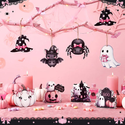 8-Piece Pink Halloween Wooden Ornaments, Ghost Pumpkin Bat Spider Witch Hat Decor