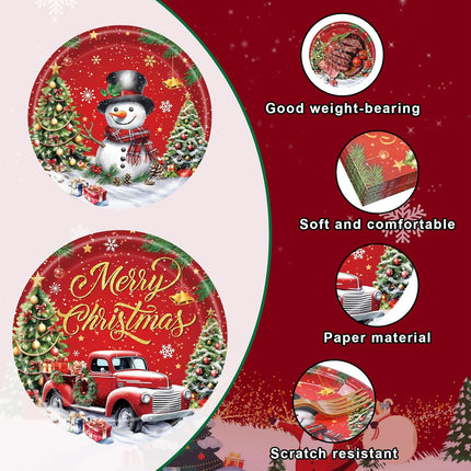 96-Pcs Disposable Christmas Tableware Red Truck & Snowman Themed Party Set