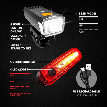 USB-C Rechargeable Bike Lights Front & Rear, 3 Modes, Safety Lights for Night Riding