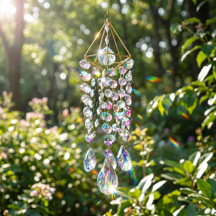 21.5" Crystal Suncatcher, Gold-Plated Glass Prism Rainbow Maker, Indoor Outdoor Window Decor