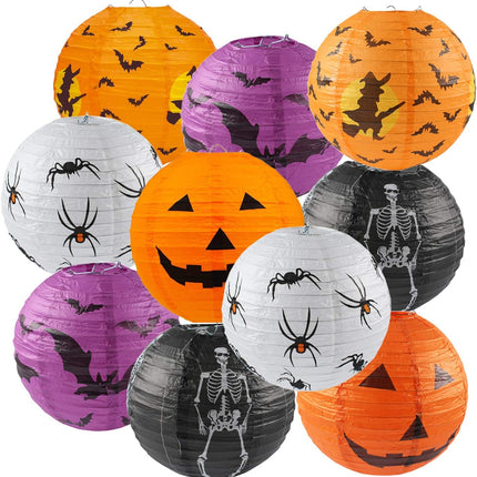 10-Pack 10in Halloween Paper Lanterns, Jack-O-Lantern Spider Skeleton Pumpkin Decor