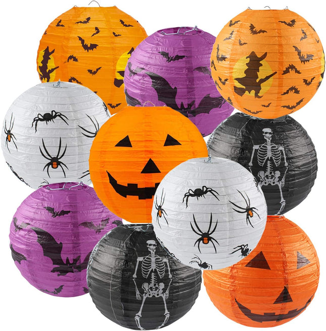 10-Pack 10in Halloween Paper Lanterns, Jack-O-Lantern Spider Skeleton Pumpkin Decor