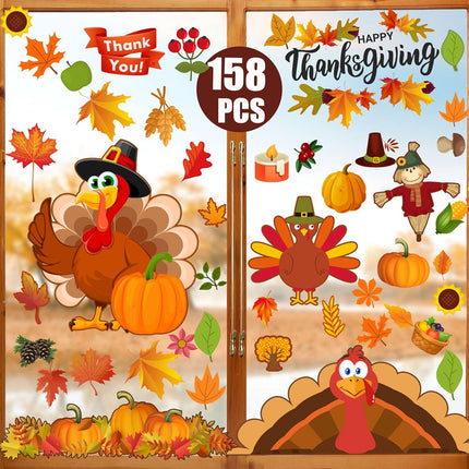 158pcs Turkey Fall Window Clings, Thanksgiving Decorations for Home & Office