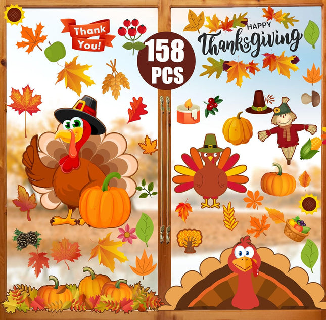 158pcs Turkey Fall Window Clings, Thanksgiving Decorations for Home & Office