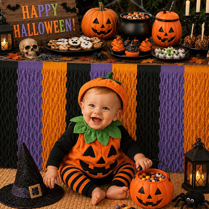 2-Pack Halloween Foil Table Skirts, Orange Purple Black Wavy Party Table Decor
