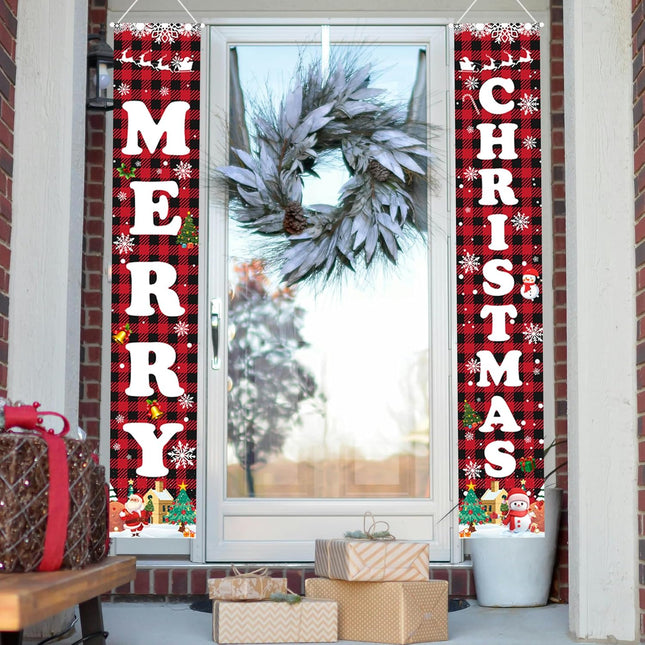 Christmas Welcome Banner Red & Black Buffalo Plaid Porch Door Sign