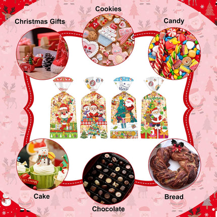 100PCS Clear Christmas Goody Bags Santa Claus Candy Snack Bags 4 Styles