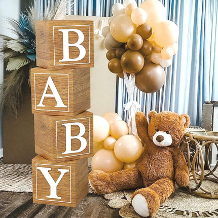 Baby Shower Boxes – 4 Wooden Blocks with BABY Letters, 1st Birthday Balloon Boxes
