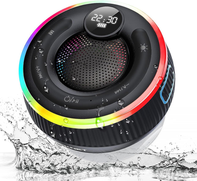 Bluetooth Shower Speaker IPX7 Waterproof RGB Light 10H Playtime Black