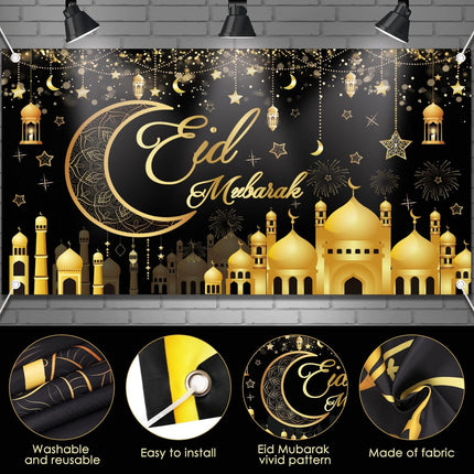 Eid Mubarak Backdrop Banner 6.5×3.6 Ft Black Gold + 16 Balloons