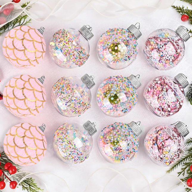 12-Pc Set of Pink & Clear Christmas Ball Ornaments, 3.15 Inch for Tree Decoration