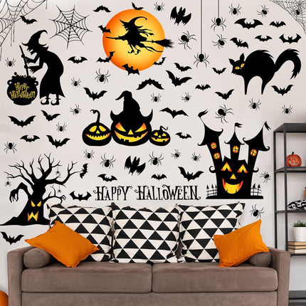 6-Sheet Watercolor Halloween Wall Stickers, Witch Bat Pumpkin Ghost Vinyl Decals