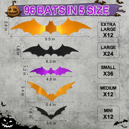96PCS 3D Halloween Bat Stickers, Black Orange Purple, 5 Sizes, PVC Wall Decor