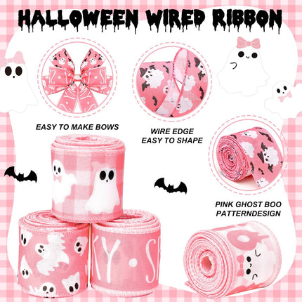 6-Roll Pink Halloween Wired Ribbon, 30 Yards, Ghost Witch Hat Bat Spider Web Print