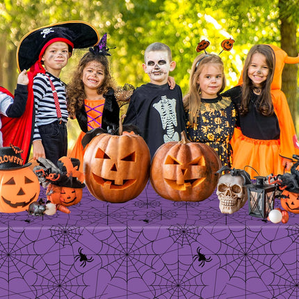 2-Pack 108x54in Halloween Spider Web Tablecloths, Purple Disposable Plastic Covers