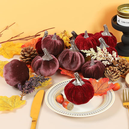Burgundy Velvet Pumpkins Set of 12, Autumn Table Centerpiece & Harvest Decor