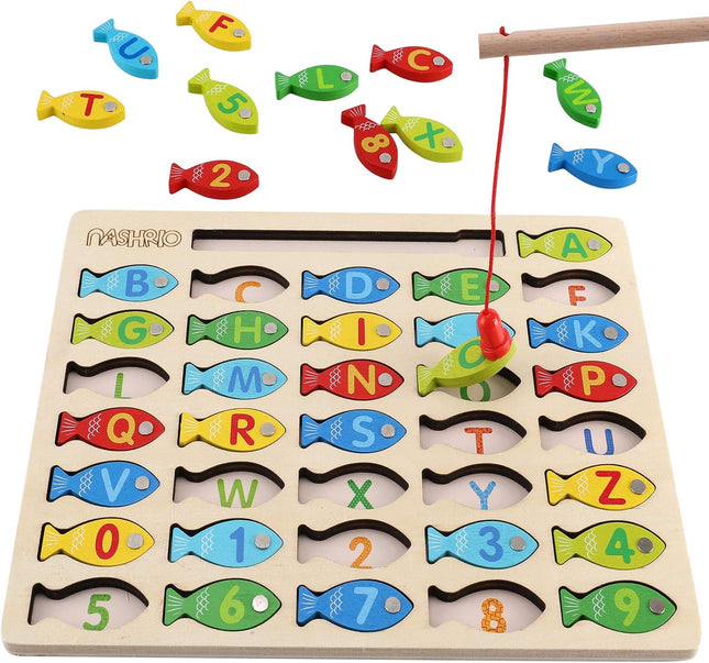 Magnetic Wooden Fishing Game Toy, Alphabet & Number Learning for Kids 3–5