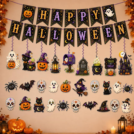 Halloween Party Decor Set, Happy Halloween Banner, Cutouts & Hanging Spirals