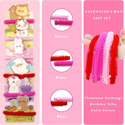 48 PCS Valentine’s Day Fidget Toys: 24 Stretchy Strings + 24 Cards for Kids