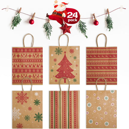 24PCS Assorted Christmas Gift Bags, 8.6x7x3.3'' Kraft Paper with Handles for Holiday Crafting