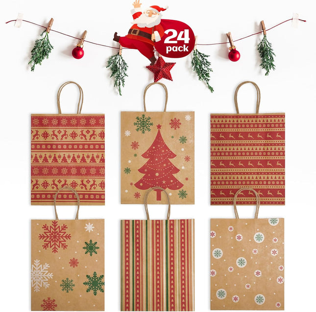 24PCS Assorted Christmas Gift Bags, 8.6x7x3.3'' Kraft Paper with Handles for Holiday Crafting
