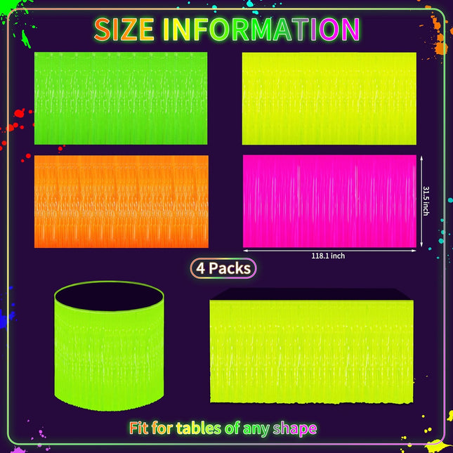 4-Pack Glow in the Dark Tinsel Table Skirts – Neon UV Party Decorations