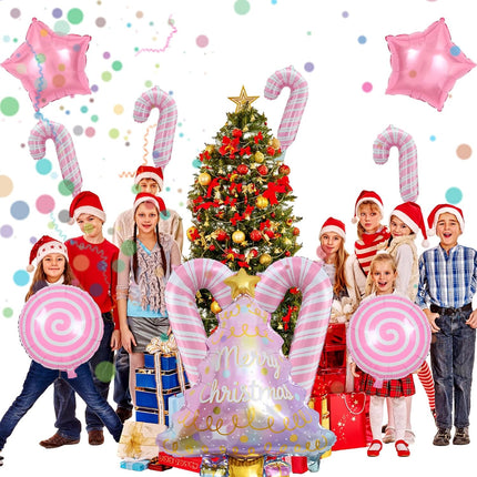 9PCS Pink Christmas Balloons – Tree & Candy Cane Foil Balloons for Party