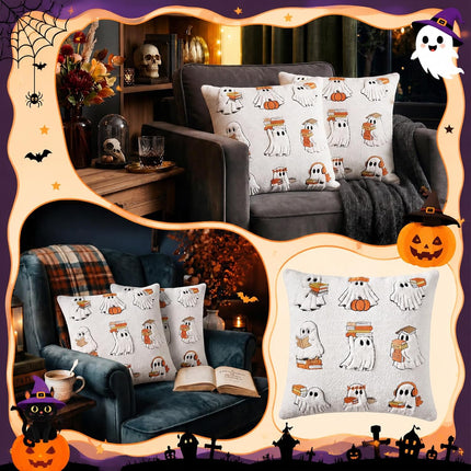 2-Pack 18x18in Halloween Reading Ghost Pillow Covers, Cute Book Lover Decor