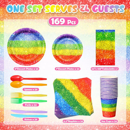169pcs Rainbow Party Set – Plates, Cups, Napkins & Tableware for 24 Guests