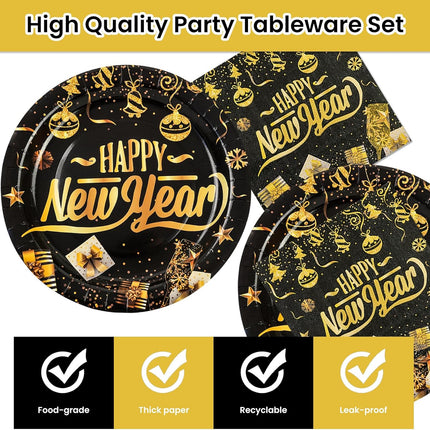 40 PCS Happy New Year Black & Gold Plates & Napkins Tableware Set for 20