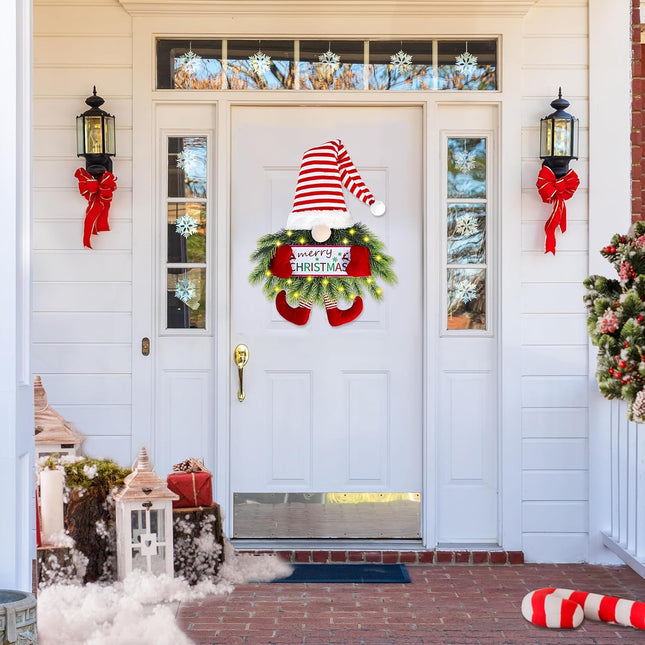 Christmas Wreath Gnome with Lights, Santa Gnome Hanging Sign for Front Door Decoration
