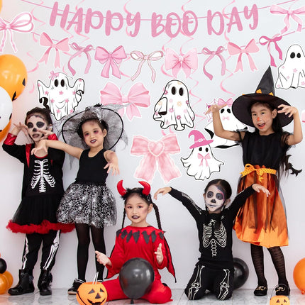 12-Piece Pink Halloween Birthday Decorations, Boo Day Bow Ghost Banner & Swirls